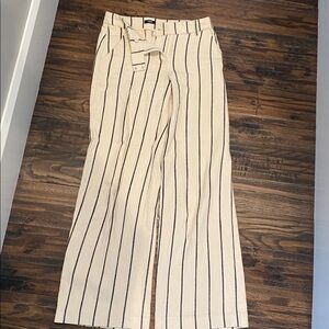 Express Cream Wide-Leg Trousers with Black Vertical Stripes